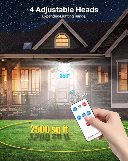 CLAONER Solar Outdoor Lights Motion Sensor 3500LM 288 LED Solar Security Lights with Remote Control IP67 Waterproof 4 Heads Flood Lights with 16.4ft Cable 4 Modes Wall Lights(6 Pack)
