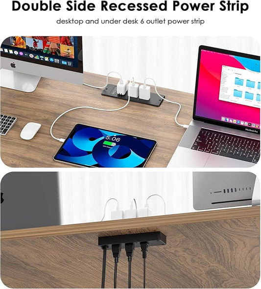 HHSOET 2 Pack Recessed Power Strip, Fast Charging Furniture Outlet Flat Plug, Flush Mount Surge Protection with 6 AC Outlets, 10ft Power Cord for Conference Table, Nightstand