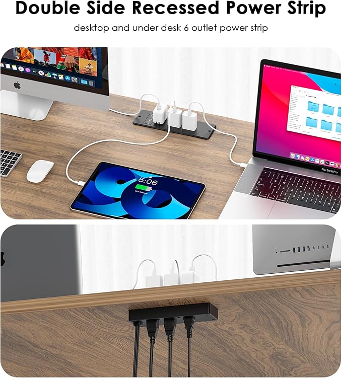 HHSOET Recessed Power Strip, Fast Charging Furniture Outlet Flat Plug, Flush Mount Surge Protection with 6 AC Outlets, 10ft Power Cord for Conference Table, Nightstand