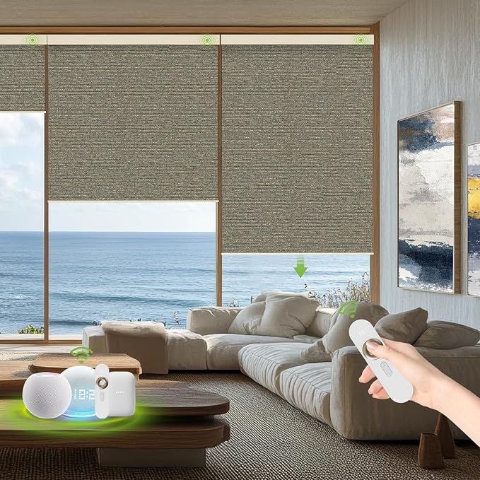 Motorized Blinds with Remote，100% Blackout Smart Blinds Motorized Roller Shades Compatible with Alexa Automatic Blinds for Windows Electric Window Blinds Customized Size Coffee