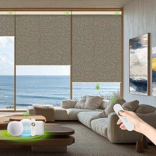 Motorized Blinds with Remote，100% Blackout Smart Blinds Motorized Roller Shades Compatible with Alexa Automatic Blinds for Windows Electric Window Blinds Customized Size Coffee