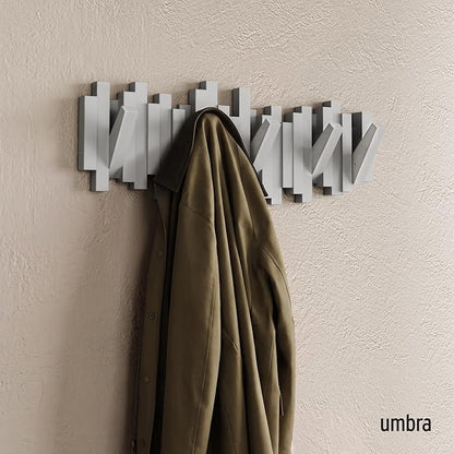 Umbra Sticks Wall Mount Coat Rack, 5 Hook Retractable Pegs, Grey | Mounting hardware included, sculptural modern design, entryway or bedroom use, recycled plastic