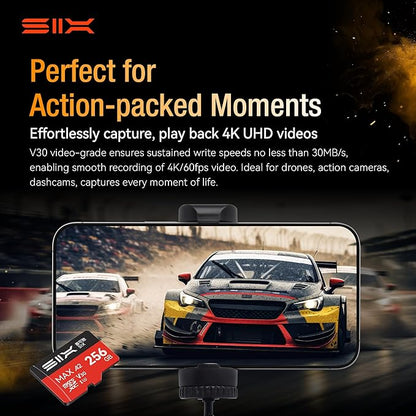 SIX M200 256GB Micro SD Card Read Up to 190MB/s for 4K UHD Continuous Recording - A2, U3, V30 microSDXC Memory Card 256GB with Adapter for Action Cameras, Drones, Gaming Consoles, Dash Cams, Phones