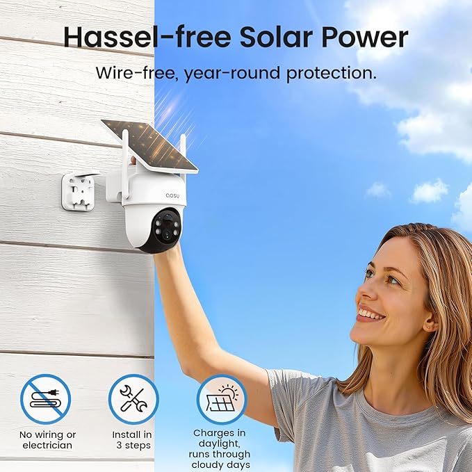 aosu D1 Classic 8-Cam Wireless Outdoor Security System, Solar Powered, 3K FullColor Night Vision, 360° PTZ, Smart AI Tracking, Local 32GB (Up to 16TB), One App Control, No Subscription Required