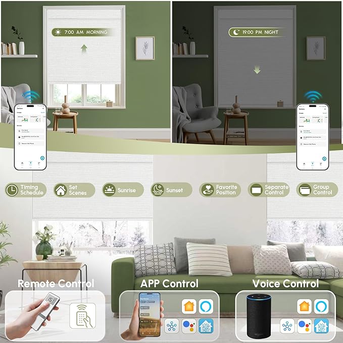 FineTell Motorized Blinds with Remote, 100% Blackout Roller Shades Compatible with Alexa,Apple Homekit,Google Home APP and Voice Control, Customized Electric Blinds (100% Blackout Dreamy White)