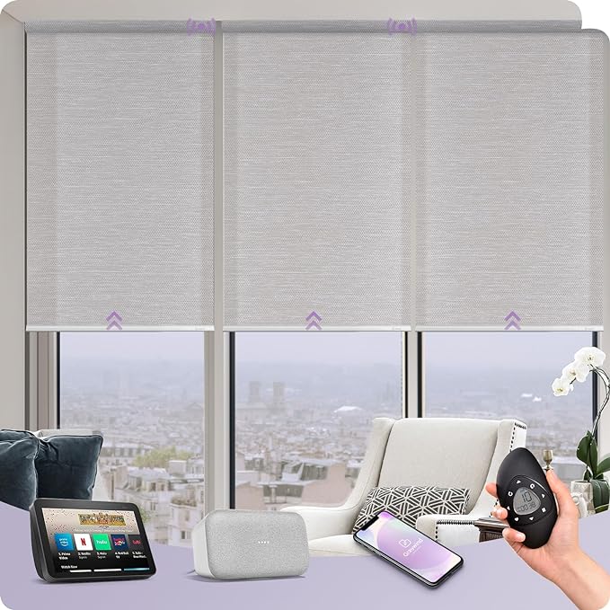 Graywind Motorized Silky Light Filtering Shades Compatible with Alexa Google Half Shading Rechargeable Remote Control Smart Blinds Electric Window Shade, Custom Size (Silky Silver Grey)