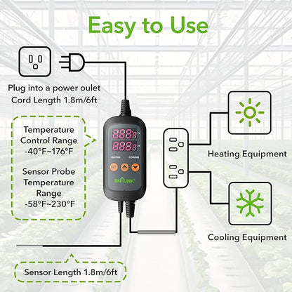 BN-LINK Digital Temperature Controller Thermostat Outlet with Heating Cooling Mode, 2-Stage Outlet Thermostat Controller Plug for Reptiles Aquarium Carboy Homebrew Breeding Fermenter Seed Germination