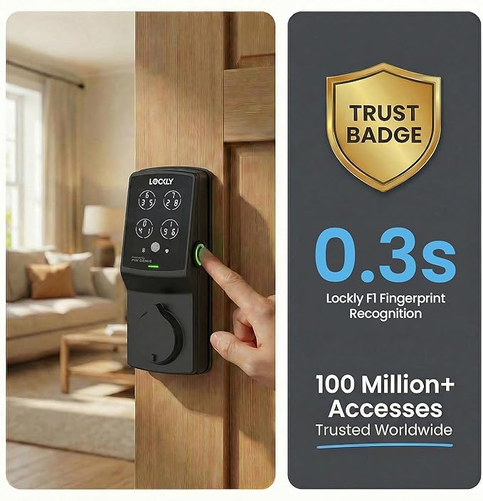 Lockly Secure Plus, Keyless Entry Door Lock, Smart Locks for Front Door, Smart Lock Deadbolt, PIN Genie® Keypad, 3D Biometric Fingerprint Sensor, Auto Lock Smart Door Lock