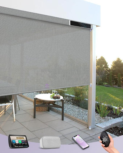 Graywind Motorized Outdoor Shades for Patio Compatible with Alexa Google Smart Sun Shades Exterior Solar Powered Blinds Electric Roller Shades Outside, Custom Size (3% Openness Fresh Grey)