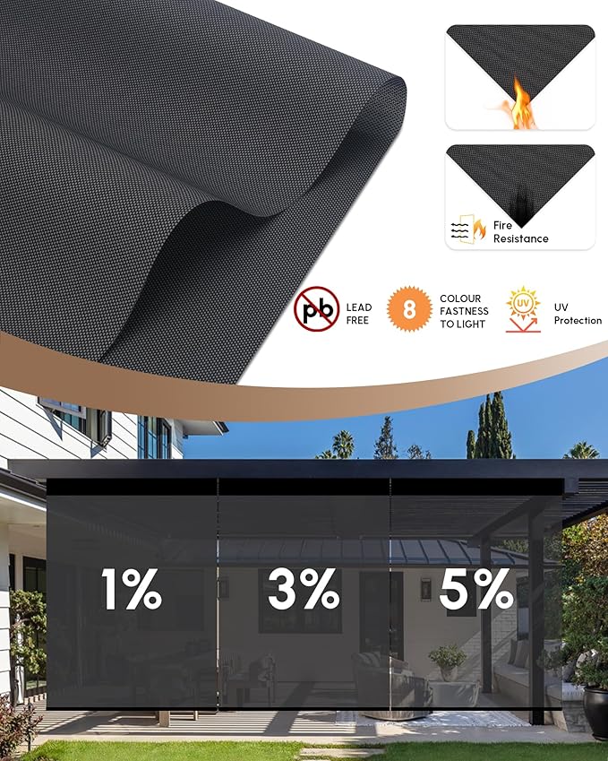 Kincmo Motorized Outdoor Shades for Patio Porch, Custom Outdoor Motorized Blinds with Remote, Waterproof & Windproof Patio Shades Work with Apple Homekit,Alexa,Google (3% Openness Dark Grey)
