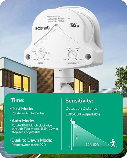 EDISHINE 2 Pack 240° Motion Sensor, Replacement Motion Detector for Outdoor Lights, Adjustable Time & Detection Range Up to 60FT, 3 Modes PIR Motion Sensor for Floodlight, White, UL Listed