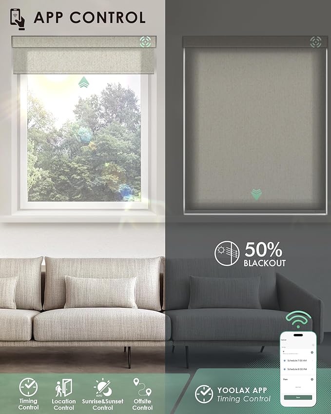 Yoolax Motorized Blinds with Remote, Light Filtering Smart Blinds Compatible with Alexa Google Home, Automatic Shades for Windows Living Room, Custom Size (50% Blackout V-Jungle Linen)