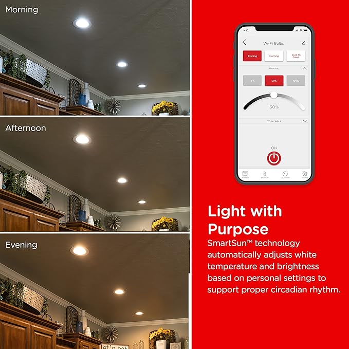 UltraPro Wi-Fi LED Smart Light Bulb, BR30, 65W Equivalent, RGB, Color Changing, White Select Tunable 2700K - 6500K, Dimmable, 2.4GHz Router Required, Circadian Rhythm, Easy-to-Use App, 4 Pack, 51458