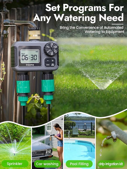 Insoma 2-Zone Water Timer for Garden Hose, Brass Inlet Sprinkler Timer | 2 Independent Zones, Auto/Manual/Rain Delay Modes, IP55 Waterproof Hose Timer, Easy Programmable Schedules for Lawn/Yard