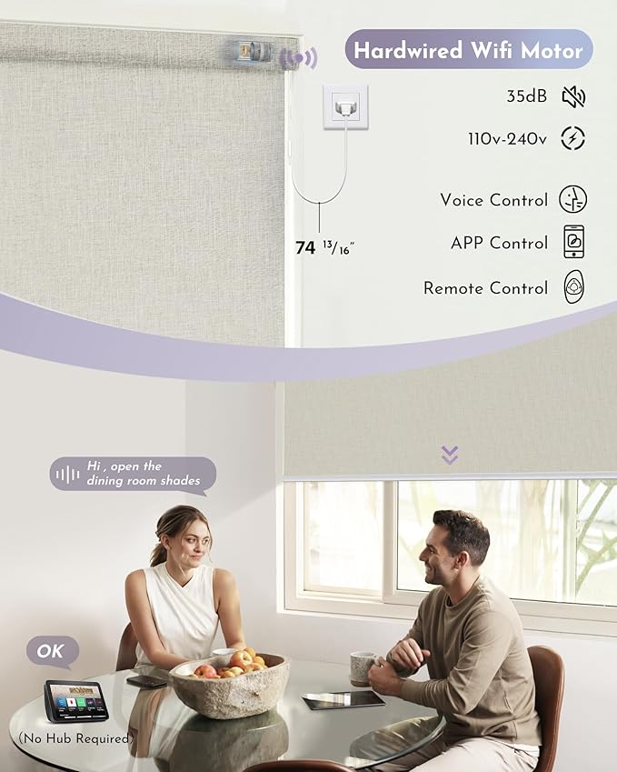 Graywind Smart Blackout Roller Shades Work with Alexa Google WiFi Hardwired Triple Weaved Fabric Motorized Blinds Remote Window Shades, Custom Size (Beige White)