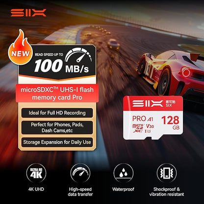 SIX M100 128GB Micro SD Card Read Up to 100MB/s - A1, U3, V30 Support 4K UHD microSDXC Memory Card 128GB with Adapter for Android Phones, Tablets, Dash Cams, Action Cameras, Drones, Gaming Consoles