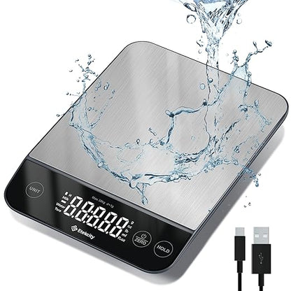 Etekcity Digital Food Kitchen Scale, Grams and Oz for Weight Loss, Baking and Cooking, 0.05oz/1g Precise Graduation,5 Weight Units, IPX6 Waterproof, USB Rechargeable,304 Stainless Steel-Silver, 22lb