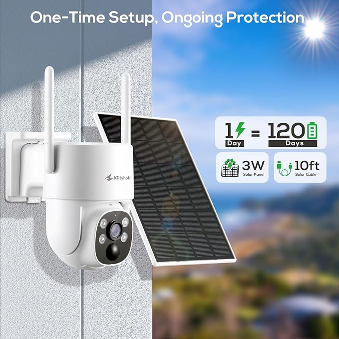 Kittyhok Home Solar Securiy Camera System | 4pcs Bullet & 2pcs PT Wireless Solar Security Camera Outdoor, Human Detection, Spotlight | 10CH NVR, 10'' IPS Monitor, Local Storage