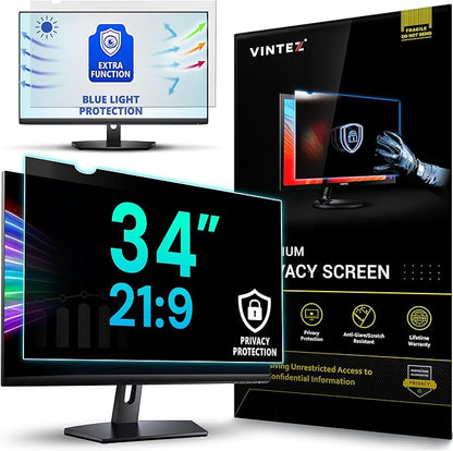 VINTEZ 34 Inch 21:9 Privacy Screen for Computer Monitor and Laptop - Anti Glare Protector Film Blue Light Filter Eye Protection - Computer Screen Privacy Shield, [1 Pack]
