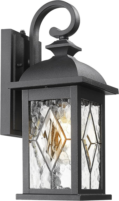 FEMILA Dusk to Dawn Outdoor Front Porch Light, 15" Exterior Waterproof Wall Light Fixtures, Matte Black Finish with Hammered Glass, E26 Socket, 4FD54B-PC BK-SD