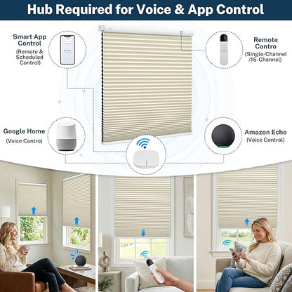 Motorized No Drill Cordless Cellular Shades, 1.5" Smart Electric Honeycomb Blind with Remote Control, Automatic No Drill Cellular Shades for Home and Office Indoor Window, Blackout Beige