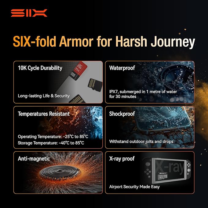 SIX M200 512GB Micro SD Card Read Up to 190MB/s for 4K UHD Continuous Recording - A2, U3, V30 microSDXC Memory Card 512GB with Adapter for Action Cameras, Drones, Gaming Consoles, Dash Cams, Phones