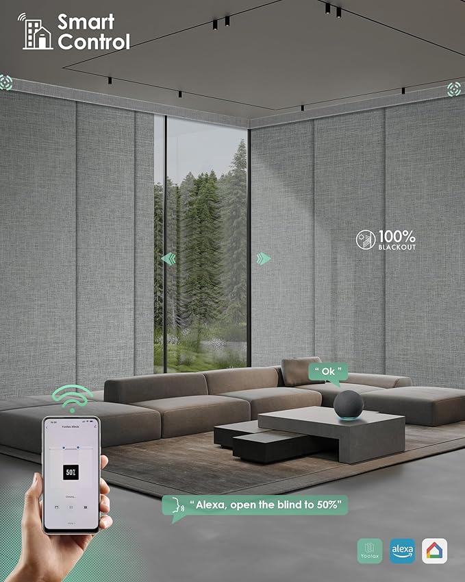 Yoolax Custom XL Smart Sliding Door Blinds, Motorized Sliding Panel Blinds Compatible with Alexa, Blackout Vertical Blinds for Glass Doors, Patio Doors, Closet Doors, Fabric-Smoky Grey