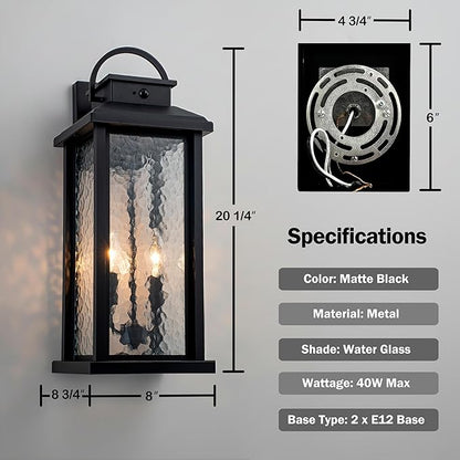 20 Inch Large Motion Sensor Outdoor Lights, Matte Black Dusk to Dawn Outdoor Wall Lights with Water Glass, 3 Lighting Modes Porch Lights Outdoor Light Fixture, Waterproof Outdoor Lights for House