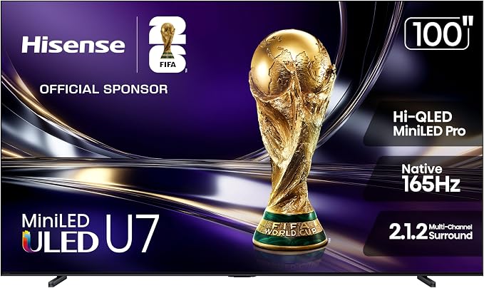 Hisense 100" U7 Mini-LED ULED 4K UHD Best Premium Gaming Smart Google TV (100U7SG, 2026 New) - Hi-QLED, Native 165Hz, VRR 288, High Brightness, HDR10+, Dolby Vision IQ·Atmos, IMAX Enhanced, 2.1.2 Ch