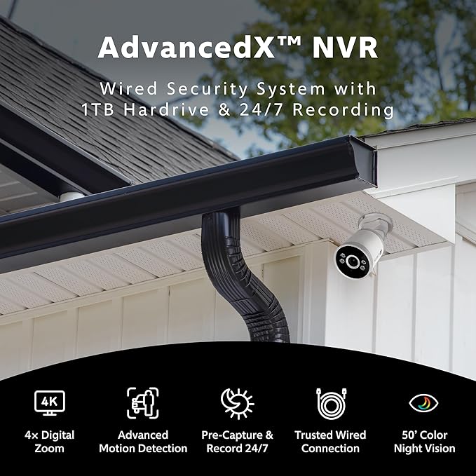 Swann AdvancedX 4K Wired NVR Security Camera System, 8 Channels, 4 Outdoor PoE Cameras, 1TB Hard Drive Storage, Color Night Vision, Video Analysis (4 Bullet Cameras 8 Channel NVR 4K 1TB HDD)