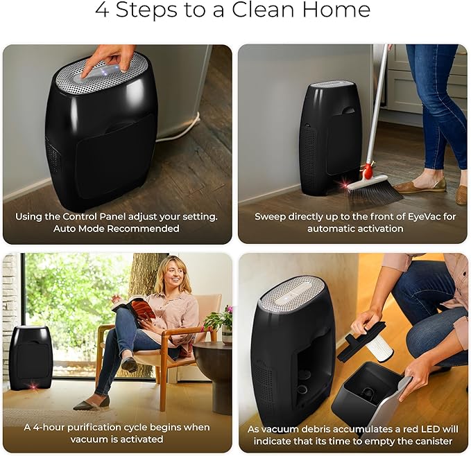 EyeVac Air 2-in-1 HEPA Air Purifier & Touchless Vacuum Automatic Dustpan - Ultra Fast & Powerful - Covers 600 Sq ft - Corded Canister Vacuum, Bagless, Automatic Sensors, 1000 Watt (Black/Black)