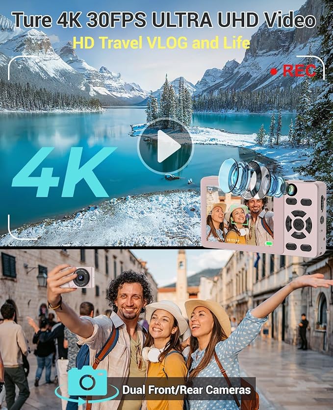4K Digital Camera for Photography- 64MP Autofocus Vlogging Camera with Dual Lens, 18X Digital Zoom- Small Point and Shoot Camera with Card and 2000mAh for YouTube, Travel, Beginners (Pink)