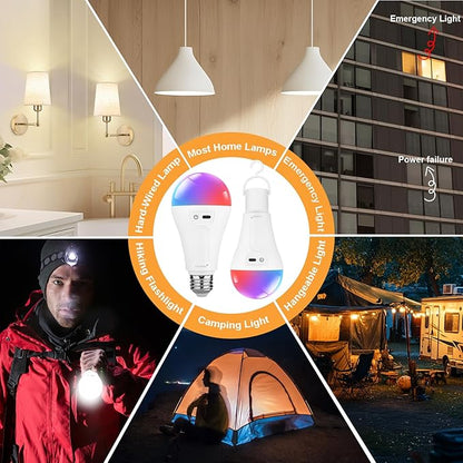 2 Pack 5200mAh Rechargeable Light Bulbs with Remote E26 Battery Operated Light Bulb for Lamps and Sconces,Dimmable Wireless Emergency Light Bulbs with Hook,3 Color Temperatures & 12 RGB Color Changing