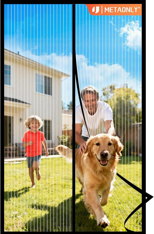 METAONLY Magnetic Screen Door Mesh Fits 36" x 82" Door - Curtain Size 38" x 83", Works for Patio, Sliding Door, Keeps Bug Mosquito Out, Fresh Air Flow, Black Frame White Veil