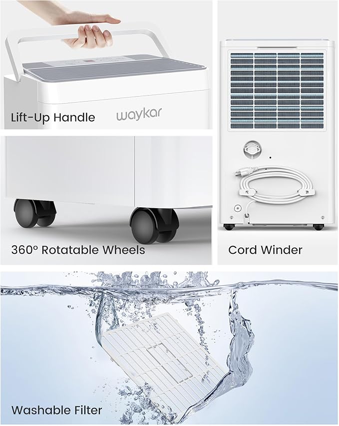 Waykar 5500 Sq.Ft Energy Star Dehumidifier for Home, Basement, Bedroom, Bathroom, Max 80 Pint/D(Standard 63 Pint/D) with Drain Hose&Water Tank, Ultra Quiet(40 dB), Intelligent Humidity Adjustment