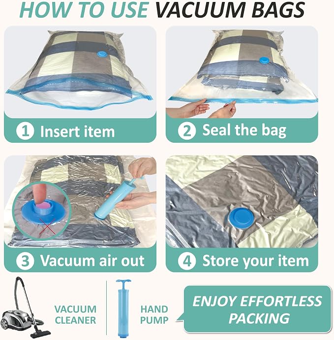 Vacuum Storage Bags with Hand Pump, Vacuum Seal Space Saver Bags,12 Medium | 80% Space-Saving Bags for Clothes, Pillows & Bedding; Double-Zip Airtight Seal; For Luggage, Home & Travel Storage