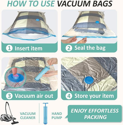 Vacuum Storage Bags with Hand Pump, Vacuum Seal Space Saver Bags,12 Medium | 80% Space-Saving Bags for Clothes, Pillows & Bedding; Double-Zip Airtight Seal; For Luggage, Home & Travel Storage