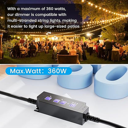 OHLUX Outdoor Dimmer for String Lights, 360W Dusk to Dawn Smart Dimmer Plug with Timer, Weatherproof Light Dimmer Switch with Memory Function, Plug-in Dimmer for Outdoor String Lights Patio Lights