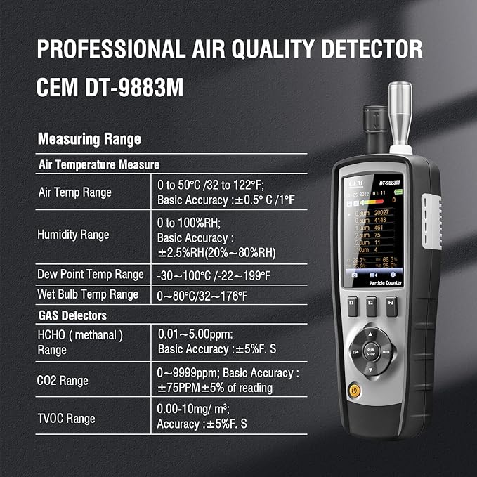CEM T.ax Included DT-9883M cleanroom Particle Counter PM2.5/10 HCHO CO2 TVOC Air Particle (0.3,0.5,1.0,2.5,5.0,10μm Supports Photos and Camera