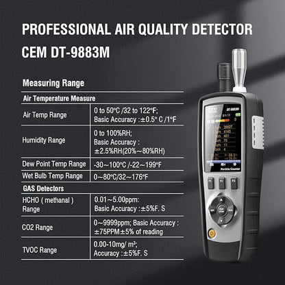 CEM T.ax Included DT-9883M cleanroom Particle Counter PM2.5/10 HCHO CO2 TVOC Air Particle (0.3,0.5,1.0,2.5,5.0,10μm Supports Photos and Camera