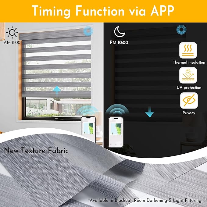 Persilux No Drill No Tools Smart Zebra Blinds, Dual Layer Privacy for Day and Night, Automatic Zebra Drilless Blackout Shades for Windows, Thermal Insulated,Custom Sizes,Bella Light Gray, RS20288-7