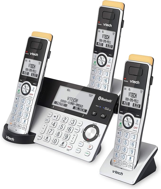 VTech IS8151-3 Super Long Range 3 Handset DECT 6.0 Cordless Phone for Home with Answering Machine, 2300 ft Range, Call Blocking, Bluetooth, Headset Jack, Power Backup, Intercom, Expandable to 12 HS