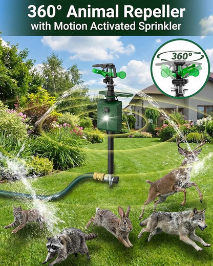 Motion-Activated Sprinkler, Solar Animal Repellent Outdoor - 2 Packs Deer Cat Deterrent with Motion Sensor & Flashing Lights, Protects Yard & Garden from Deer, Cats, Raccoons