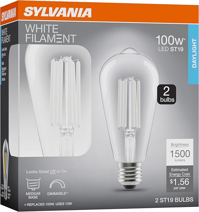 Sylvania ST19 Clear LED White Filament Bulb, 13W, Dimmable, 1500 LMS, Medium Base, 5000K, Daylight - 2 Pack (42251)