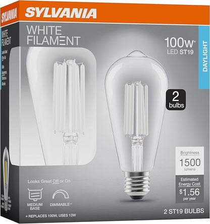 Sylvania ST19 Clear LED White Filament Bulb, 13W, Dimmable, 1500 LMS, Medium Base, 5000K, Daylight - 2 Pack (42251)