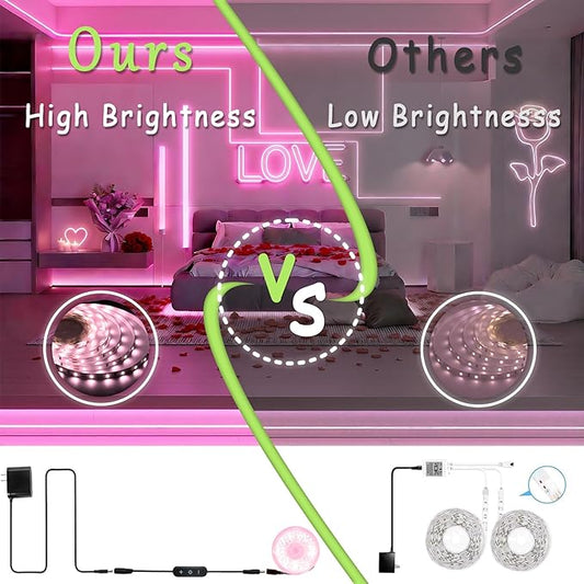 Pink Led Lights Strip Valentines Galentines Day Decor Rope Lights Easy DIY Princess Bedroom Cuttable Strip Lights for Baby Room Bathroom Living Room Kitchen Ceiling Wall Vanity Mirror Decoration