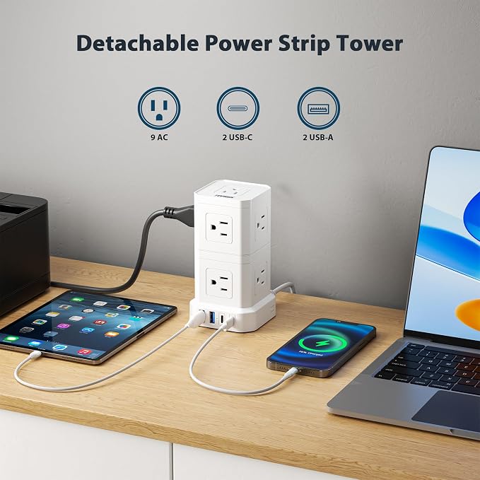 Power Strip with USB, TOPREK Power Strip Tower with 9 Outlets, 2 USB-C, 2 USB-A, Convertible Outlet Extender & Desk Charging Block, 6.5 FT Flat Plug Extension Cord for Home Office, Kitchen 1625W/13A