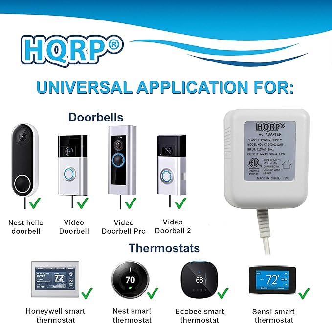 HQRP C Wire Adapter 24V AC Transformer - 25 ft Cable - ETL Listed - Compatible with Ecobee Nest Honeywell Emerson Smart Thermostats and Ring Wyze Blink Video Doorbells