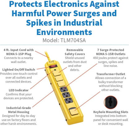 Eaton Tripp Lite Series TLM704SA Heavy Duty Power Strip with Surge Protection, 7 Outlets, 450 Joules, 4ft Cord, Yellow Metal Housing, Under Desk & Wall Mountable, Cord Wrap, Industrial Garage Shop