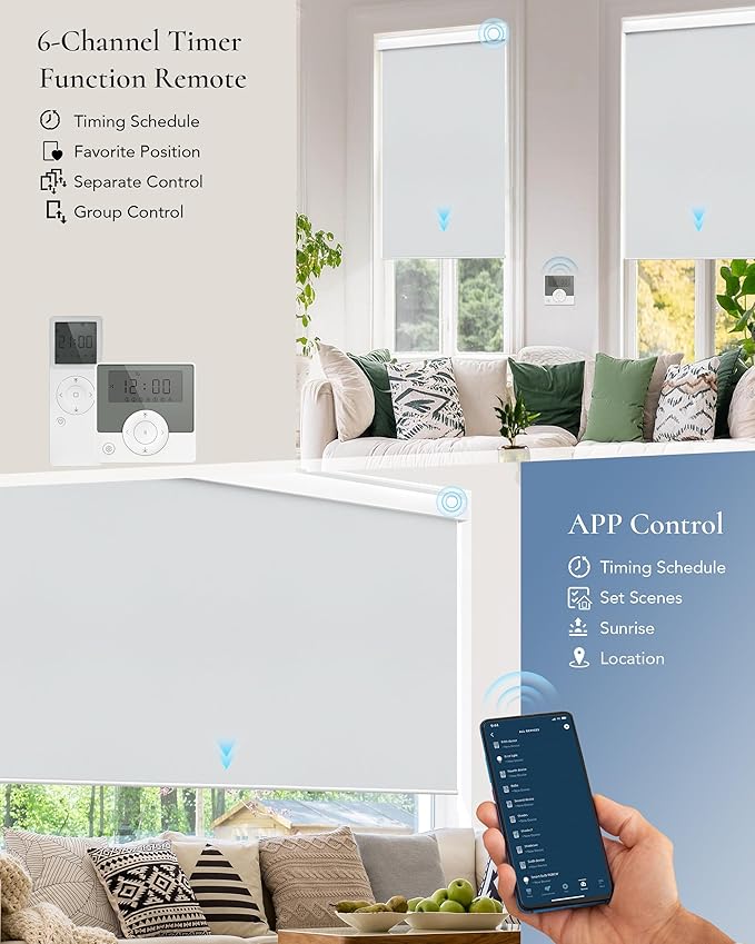 Motorized Blinds Compatible with Alexa Google Custom to 115" Width 100% Blackout Smart Blind Automatic Large Window Roller Shades Remote Control Vinyl Light Grey
